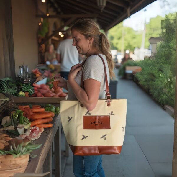Bees tote woman with a bee print tote bag shopping at the farmers market