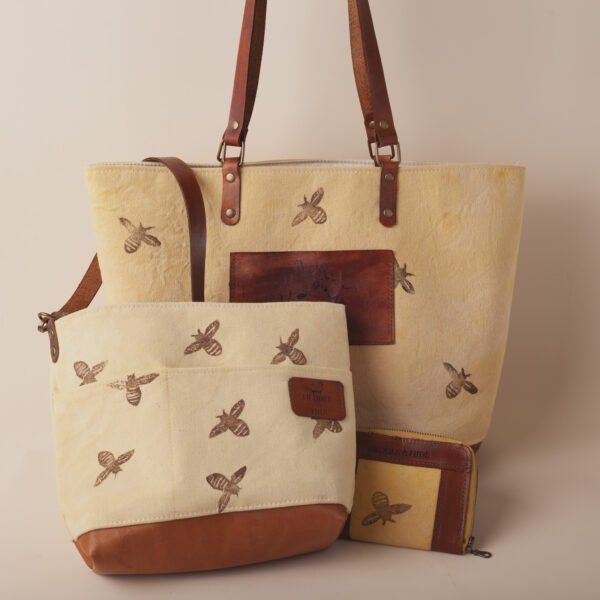 we love bees collection of canvas and leather handbags
