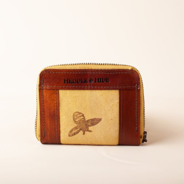 bees-front a luxury leather and canvas zippered wallet in bees print