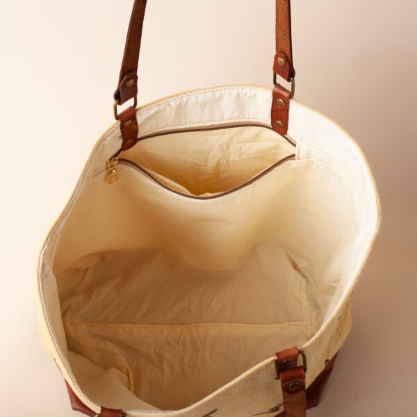 bees-inside large canvas and leather tote bag with bee print