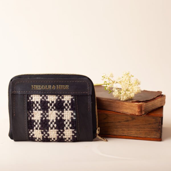blk-check-books handwoven black check wool and leather zippered wallet