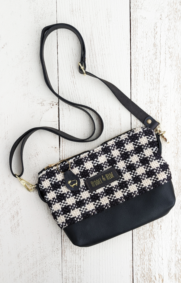 blk check flat handwoven crossbody bag leather and wool