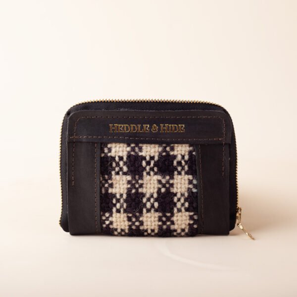 blk-check-front handwoven black check wool and leather zippered wallet