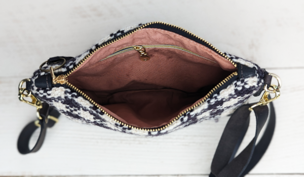 blk check open handwoven crossbody bag black and white wool and leather