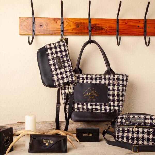 a collection of black and white check handwoven bags