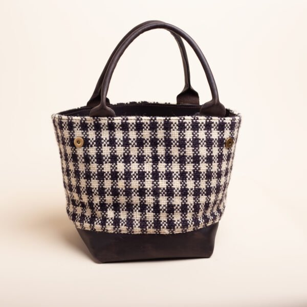 blk-wht-tote-back black and white plaid leather tote