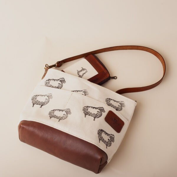 mini tote canvas and leather with sheep print