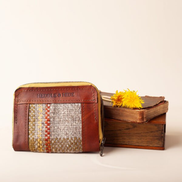 harvest-plaid-books handwoven plaid wool and leather zippered wallet