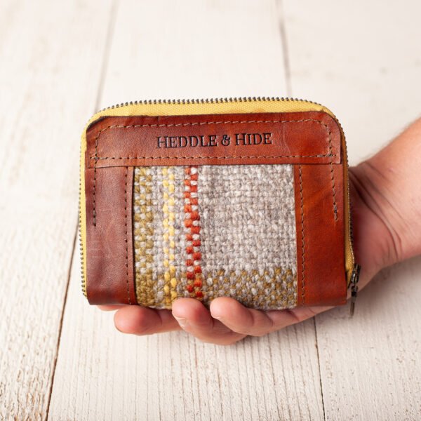 handwoven plaid wool and leather zippered wallet