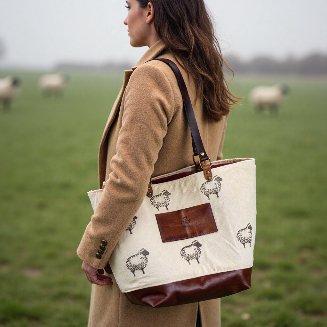 woman in a sheep pasture with a sheep printed bag