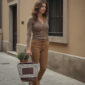 woman holding brown and white houndstooth tote