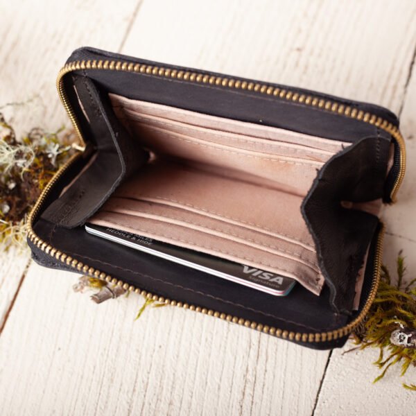 pistachio-plaid-wallet-inside handwoven black check wool and leather zippered wallet