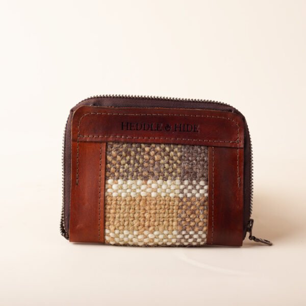 pistacio-plaid-front handwoven plaid wool and leather zippered wallet